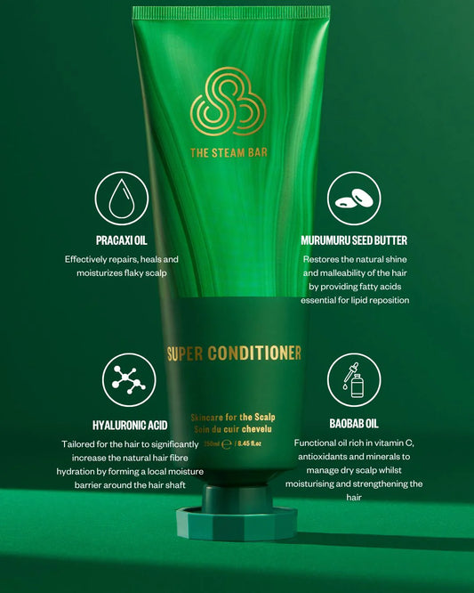 Green tube of 'The Steam Bar' super conditioner with ingredients listed on a green background