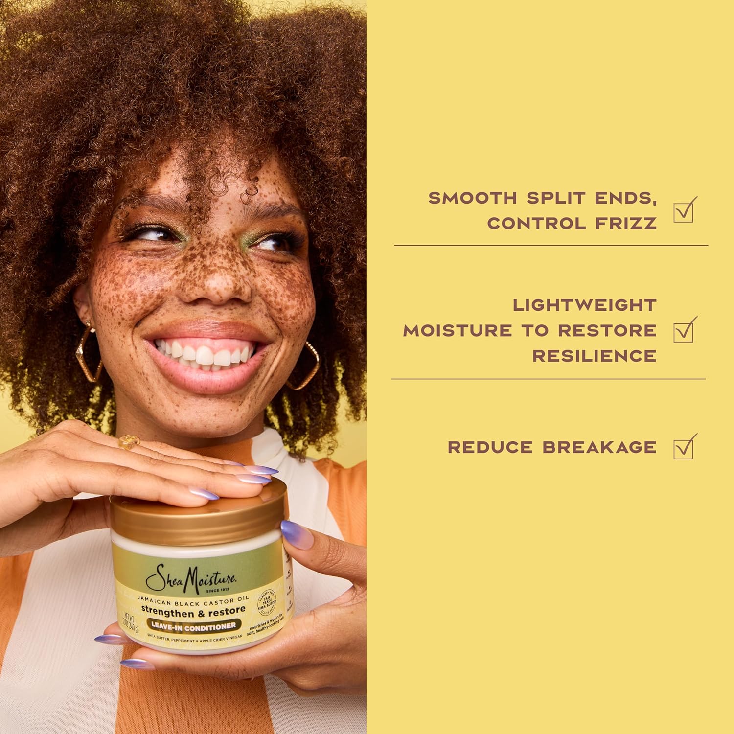 Woman holding a jar of hair care product with text on a yellow background