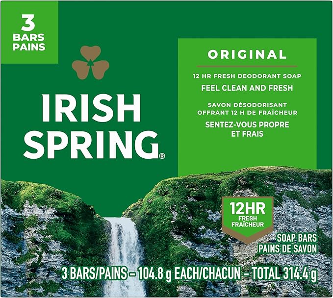 Irish Spring deodorant soap packaging with green background and mountain landscape