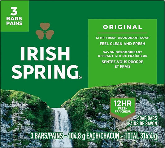 Irish Spring deodorant soap packaging with green background and mountain landscape