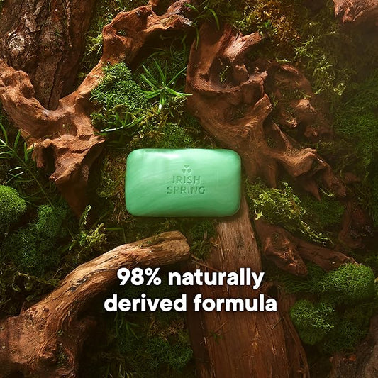 Green bar of Irish Spring soap on a natural background with text highlighting a natural formula.