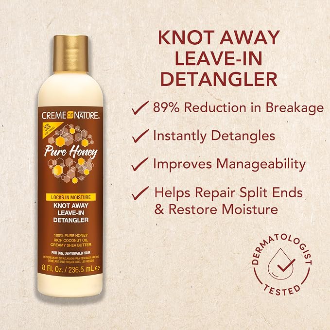 Creme Nature Knot Away Leave-In Detangler bottle on a textured beige background with product benefits listed in text and a dermatologist-tested badge.