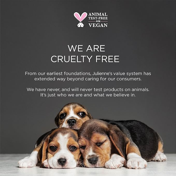 A dark gray promotional graphic with the Animal Test-Free for Vegan logo at the top and text stating 'We are cruelty free,' above a photo of three beagle puppies lying together on a light surface.