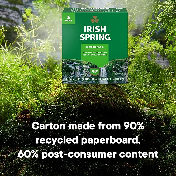 Irish Spring soap packaging in a natural setting with text about recycled content.