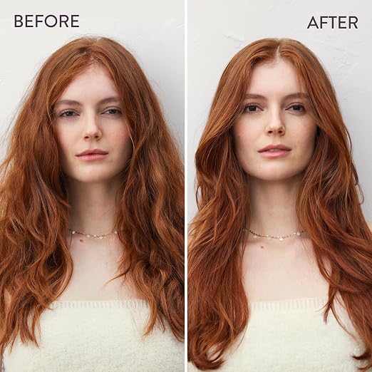 Before and after comparison of a woman with red hair, wearing a white top.