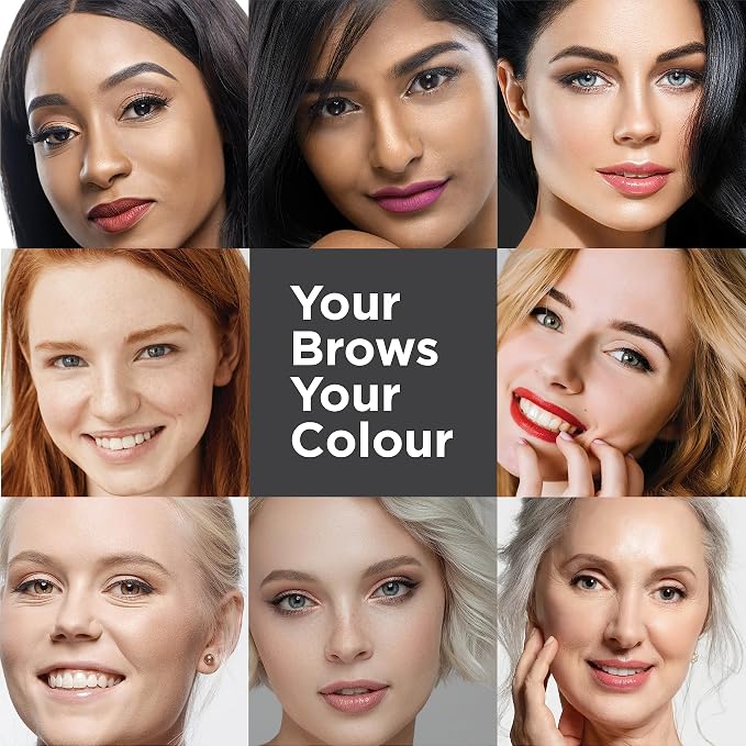 A 3x3 collage of women's faces showing different eyebrow and lip makeup looks, with a central dark gray panel that reads 'Your Brows Your Colour'.