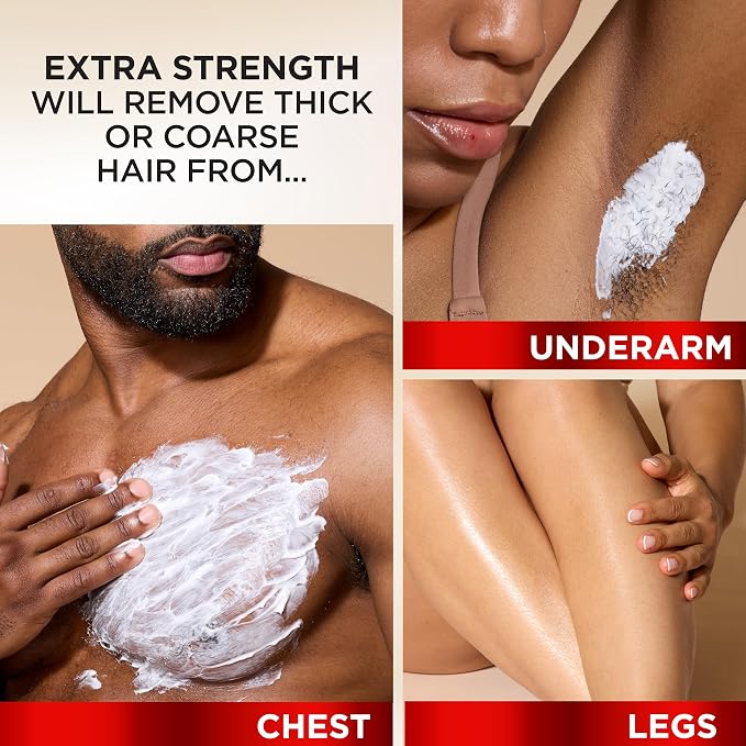 Product advertisement showing application on chest, underarm, and legs with text about strength and hair removal.