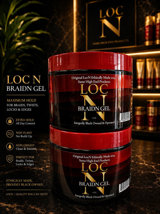 Two stacked jars of LOC N Braid Gel with red lids and black labels, displayed on a dark marble surface with promotional text and a blurred background of shelves and products.