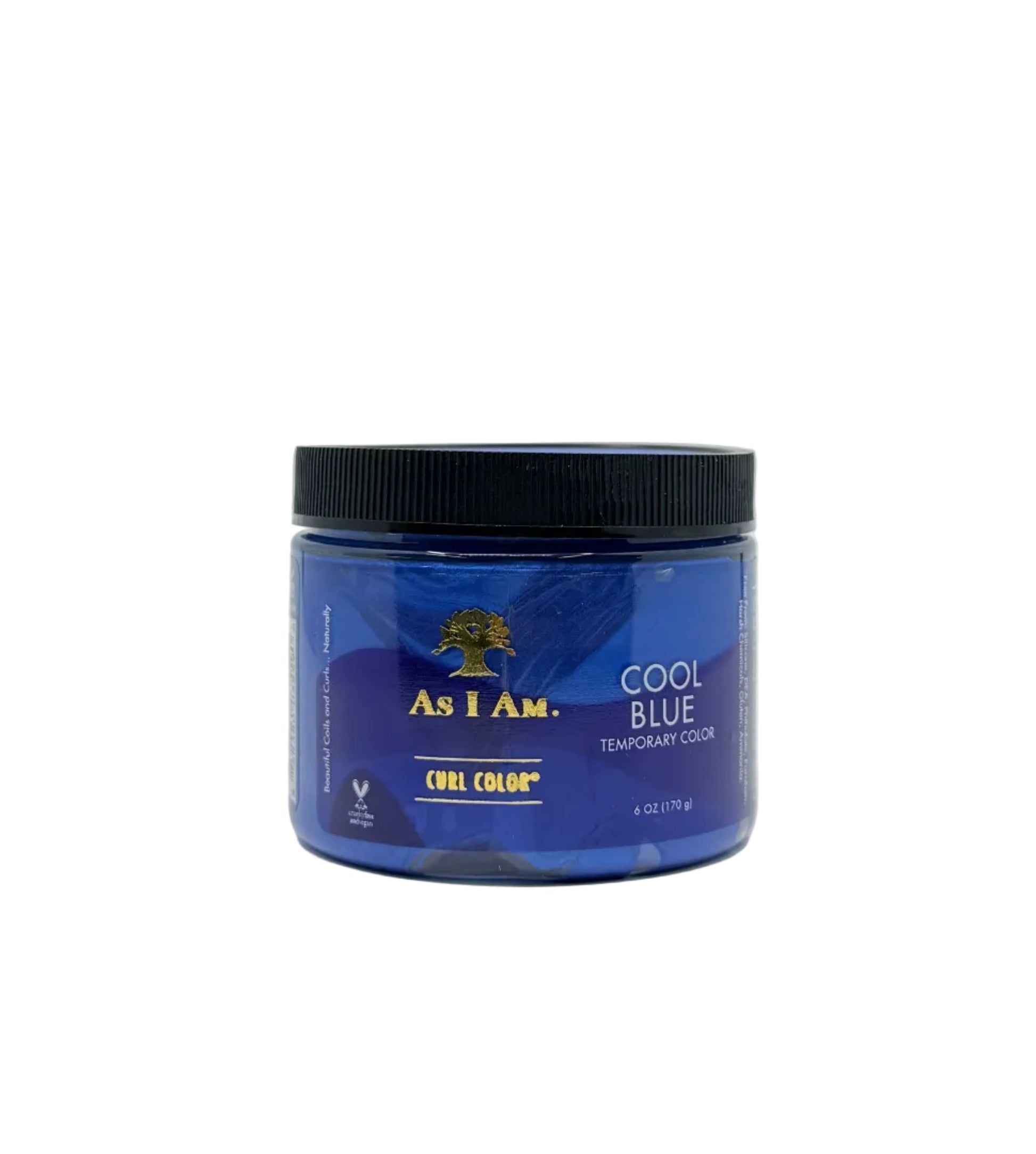 Blue jar of 'As I Am' hair product on a white background