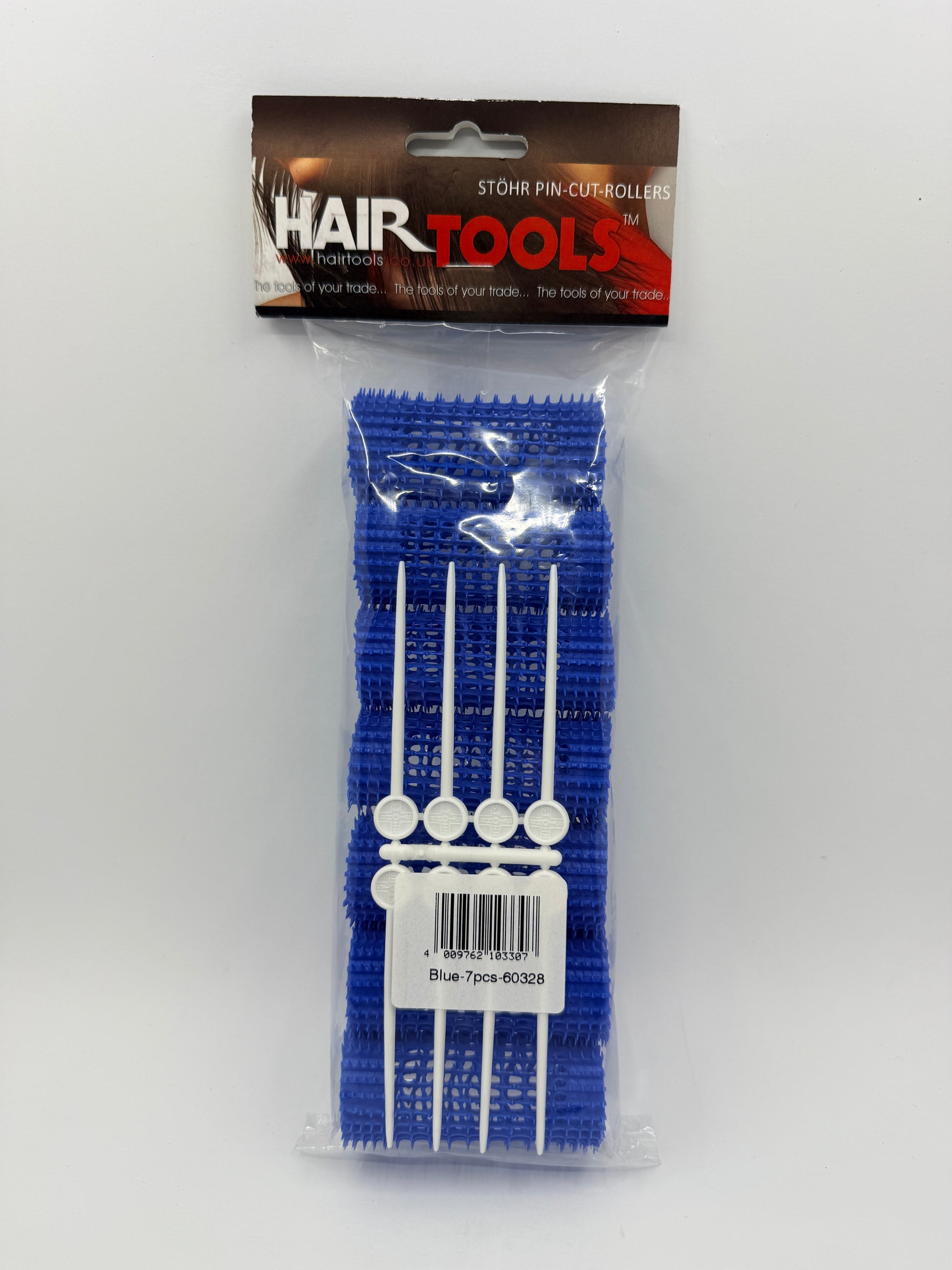 Packaged hair tools with blue and white components on a white background