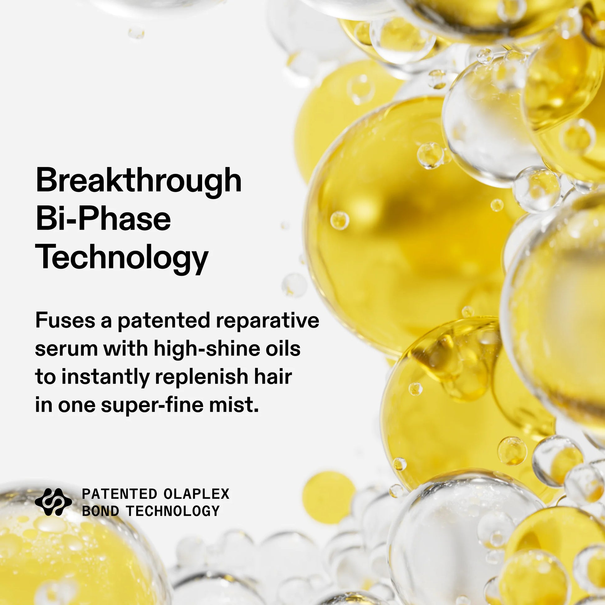 Advertisement for Olaplex hair care product with yellow and clear liquid droplets on a white background.