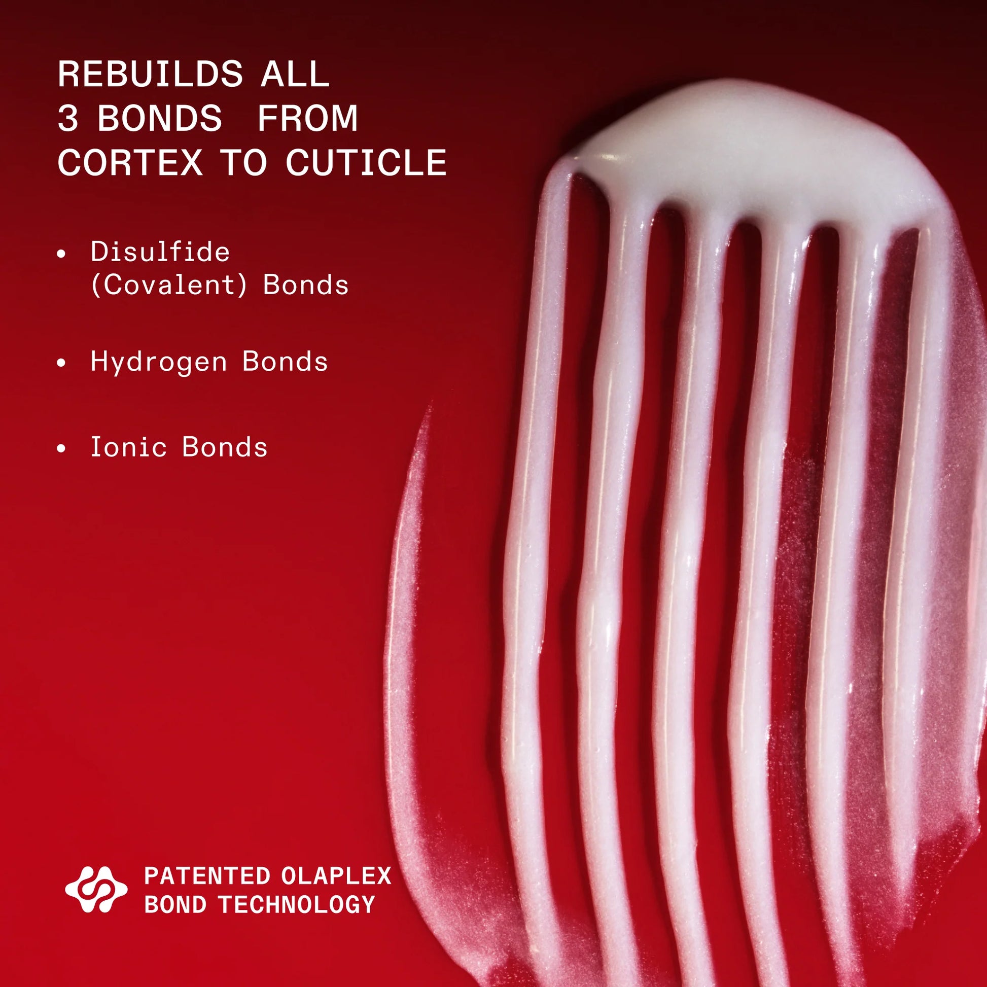Olaplex bond technology product with red background and text detailing bond rebuilding process.