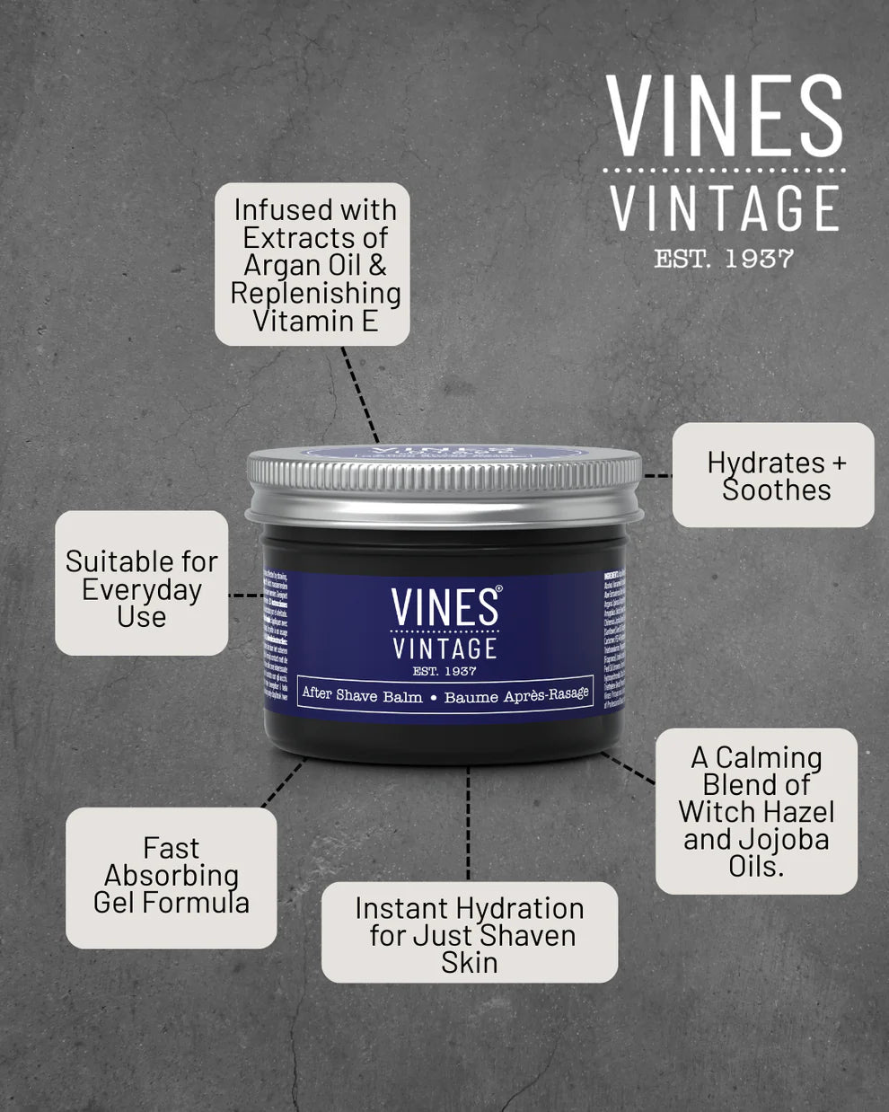 Vines Vintage after shave balm jar with product features on a gray background