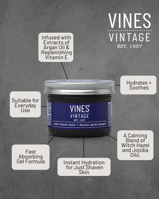 Vines Vintage after shave balm jar with product features on a gray background