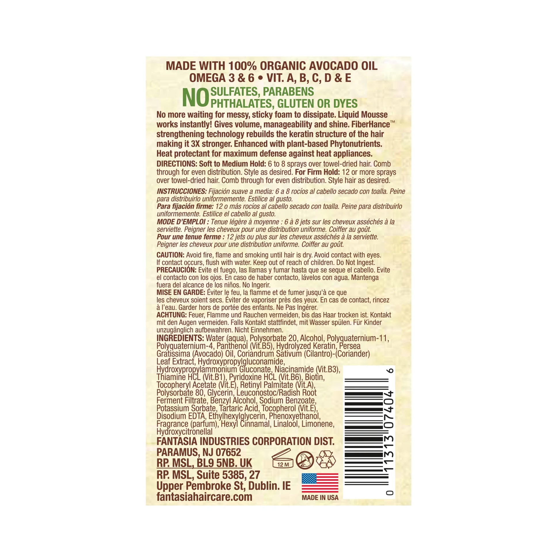 Charlie's Hair and beauty Fantasia Naturals Avocado Cilantro Styling Mousse label