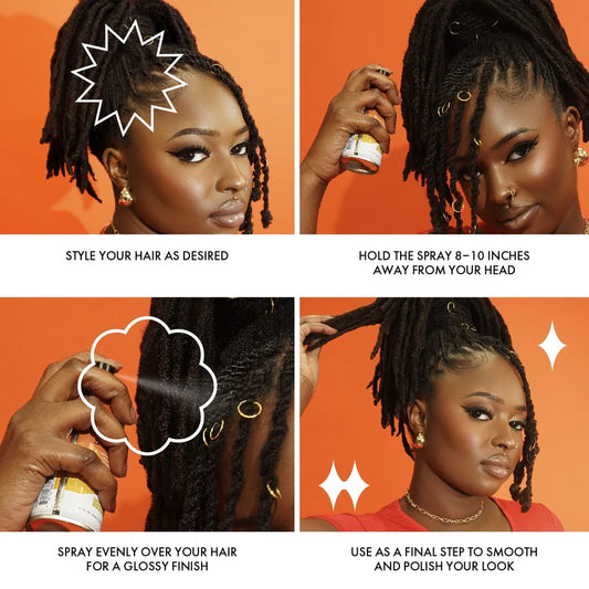Four-panel instructional graphic showing a woman styling and spraying hair wax or pomade. The panels include text instructions: style your hair as desired, hold the spray 8-10 inches away from your head, spray evenly over your hair for a glossy finish, and use as a final step to smooth and polish your look.