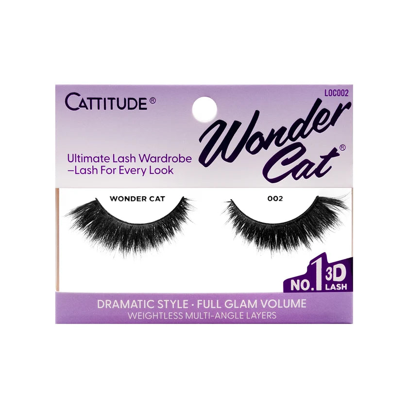 Cattitude Wonder Cat 3D dramatic style false eyelashes in packaging, featuring a purple and white box with two pairs of black lashes displayed on a white background.