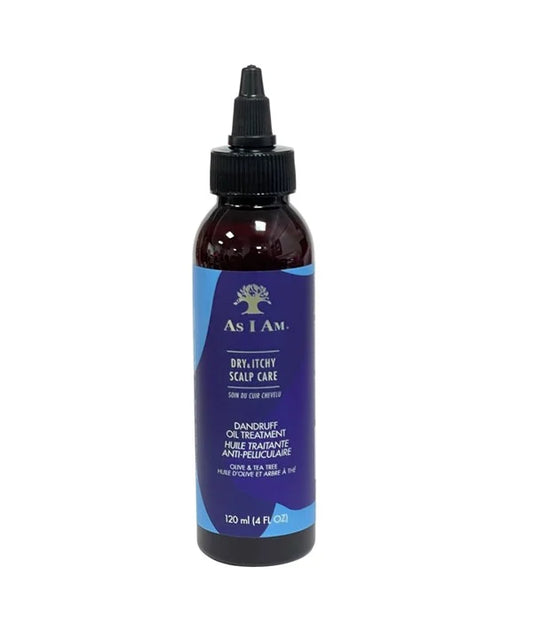 Bottle of As I Am dry itchy scalp care product on a white background