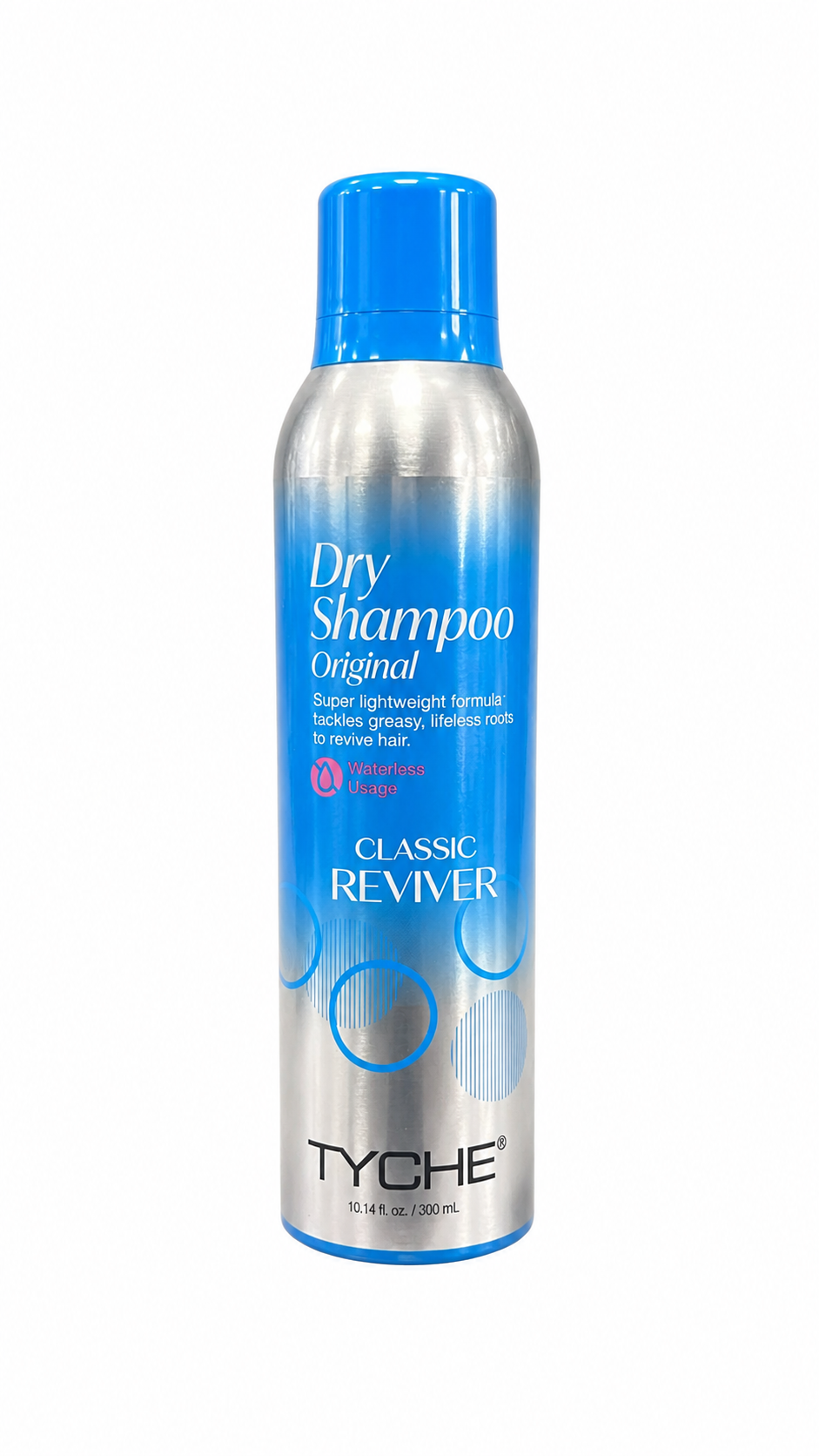 A can of TYCHE Classic Reviver Dry Shampoo Original, featuring a metallic silver body with a bright blue cap and blue gradient accents on the label.