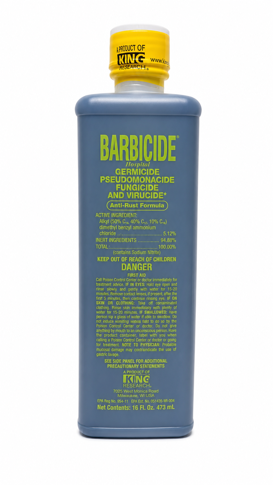 A blue plastic bottle of Barbicide fungicide with a yellow cap, shown against a plain white background.