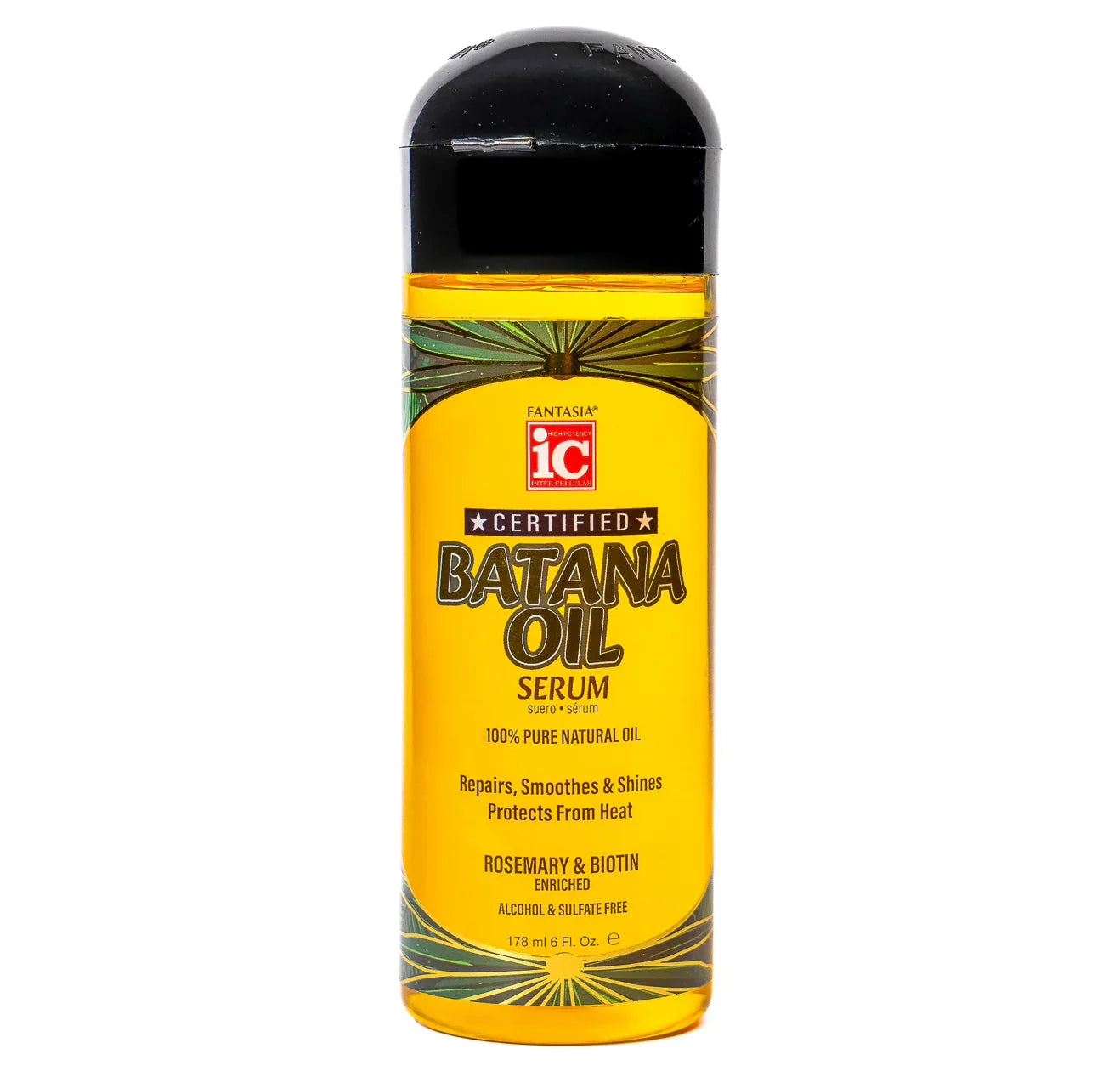 Batana Oil Serum bottle with yellow label and black cap on a white background
