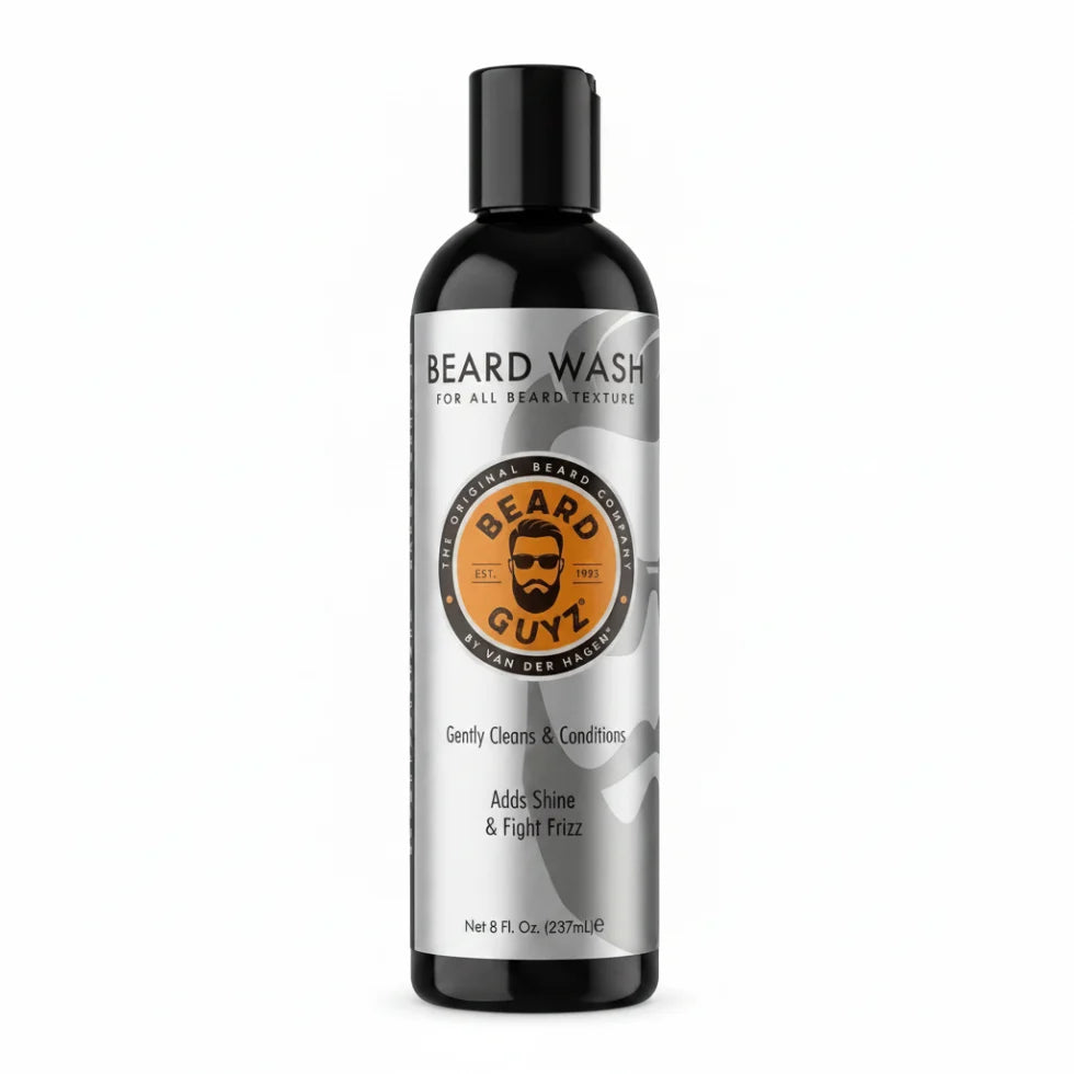 Beard wash bottle with label on a white background