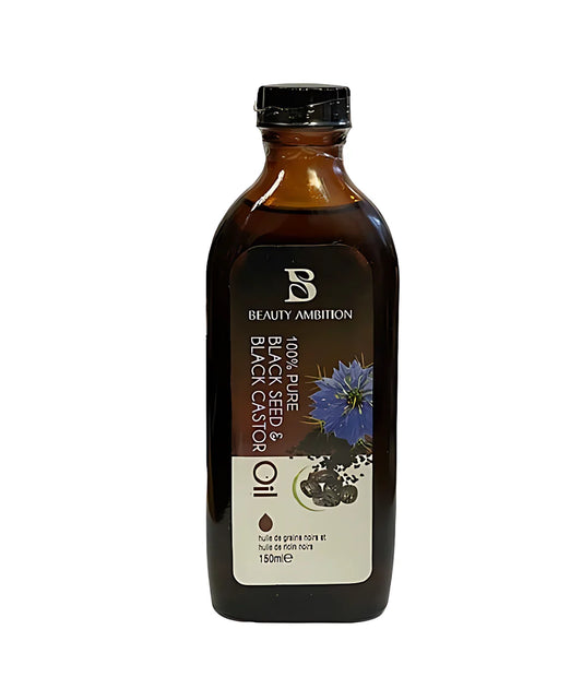 Bottle of Beauty Ambition black seed and black castor oil on a white background