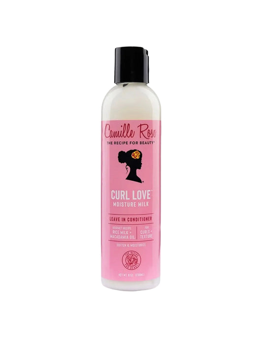A bottle of Camille Rose Curl Love Moisture Milk leave-in conditioner, featuring a pink label and black cap on a white background.
