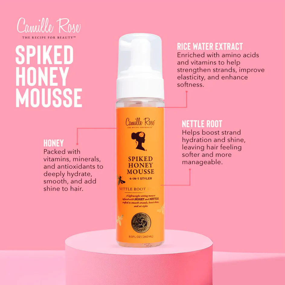 Camille Rose Spiked Honey Mousse bottle on a pink background with product details.