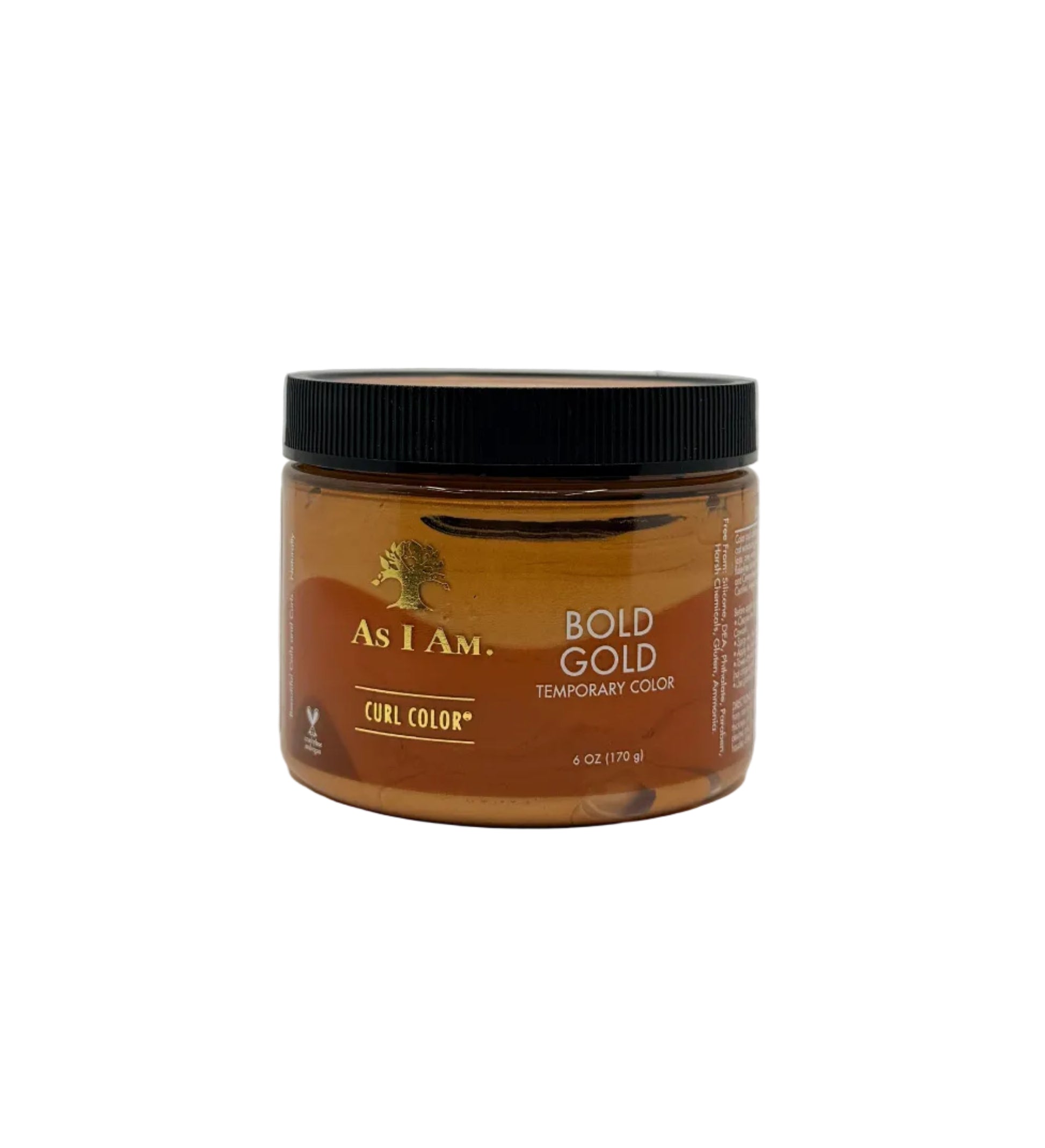 Jar of 'As I Am Bold Gold' hair color on a white background