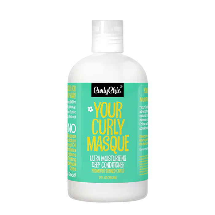 CurlyChic hair product bottle with green label on a white background
