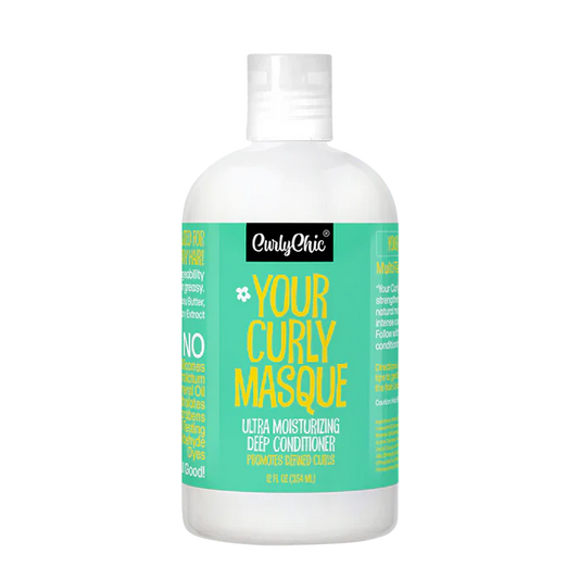 CurlyChic hair product bottle with green label on a white background