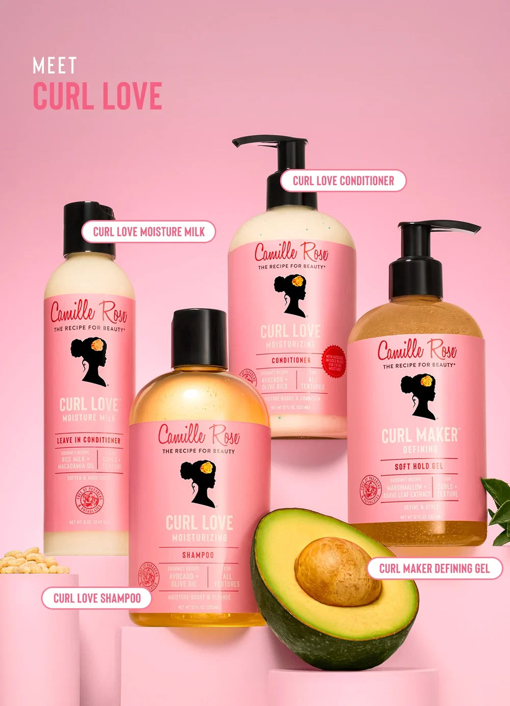 Camille Rose Curl Love hair care product lineup with avocado on a pink background