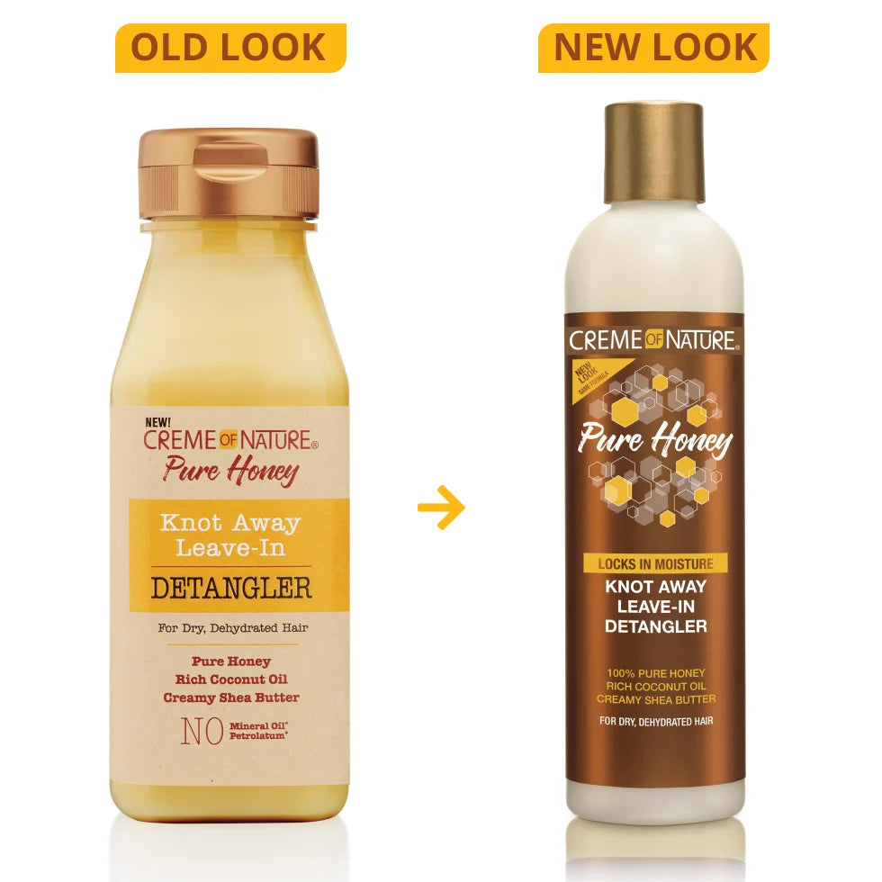 Comparison of 'Creme of Nature Pure Honey' Knot Away Leave-In Detangler in old and new packaging designs.