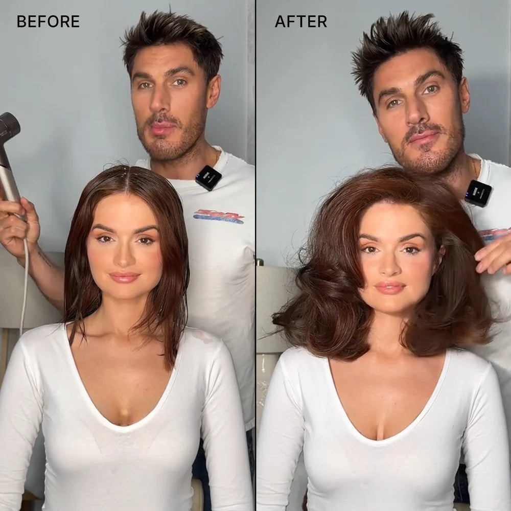 Before and after comparison of a woman with hair being styled by a man.