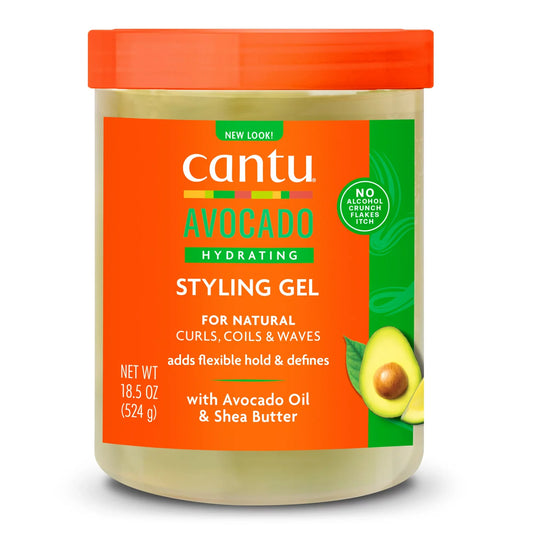Cantu Avocado Hydrating Styling Gel jar with orange lid on a white background