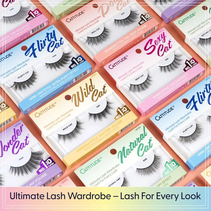 A collection of Cattitude brand false eyelash packages arranged in a diagonal grid pattern. The packages come in various pastel colors including pink, blue, yellow, green, and purple, each featuring different lash styles such as 'Flirty Cat', 'Wild Cat', 'Serly Cat', 'Jonder Cat', and 'Natural Cat'.