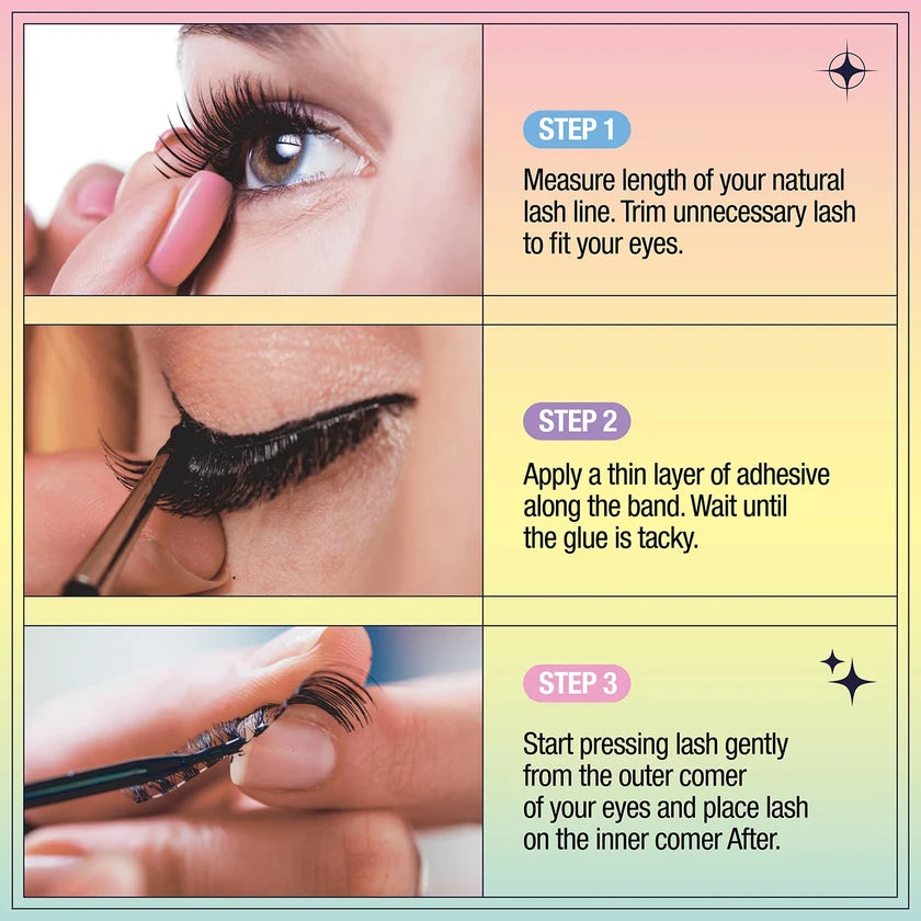 Step-by-step guide on applying false eyelashes with close-up images and text instructions.