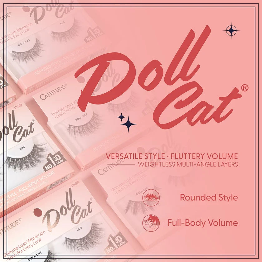 Doll Cat eyelash packaging with product details on a pink background