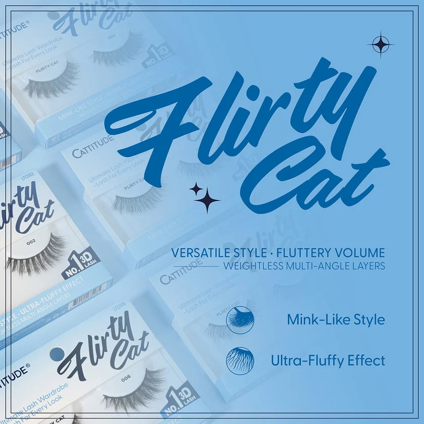 Flirty Cat eyelash packaging with product details on a blue background