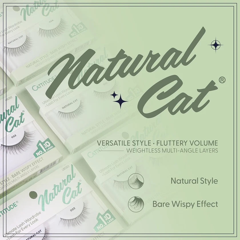 A promotional graphic for Natural Cat brand false eyelashes, showing several white product boxes arranged diagonally on a pale mint green background with large 'Natural Cat' branding and feature text.