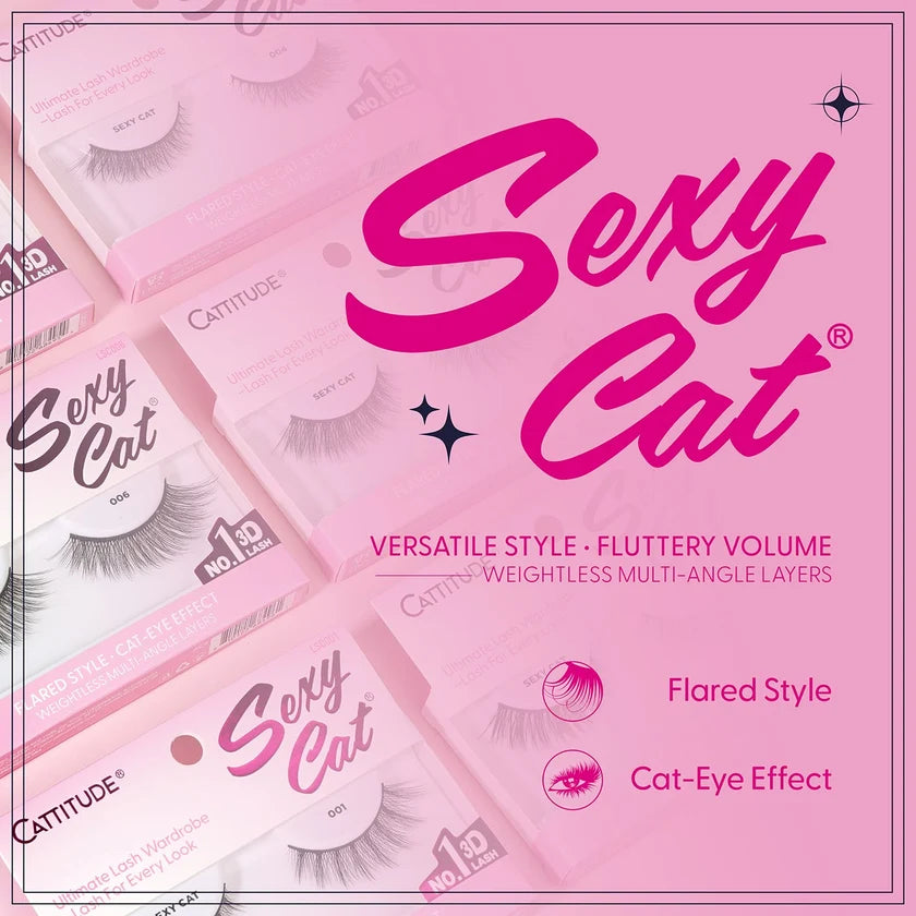 Pink promotional graphic for Sexy Cat eyelashes by Cattude, showing multiple lash packages arranged diagonally with large pink logo text and feature callouts for flared style and cat-eye effect.