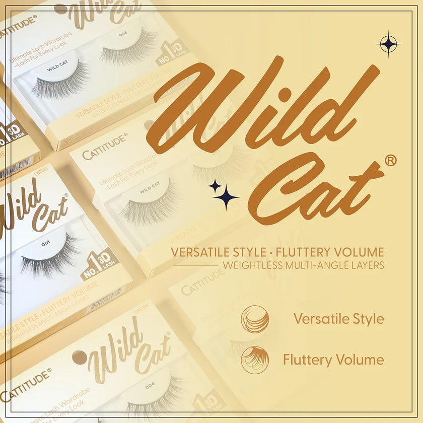 Wild Cat false eyelashes packaging with product display on a beige background