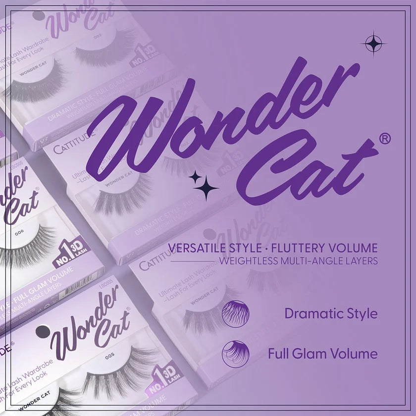 Purple promotional graphic for Wonder Cat false eyelashes, showing multiple lash packages arranged diagonally with large 'Wonder Cat' branding and text describing versatile style, fluttery volume, and dramatic/full glam volume options.