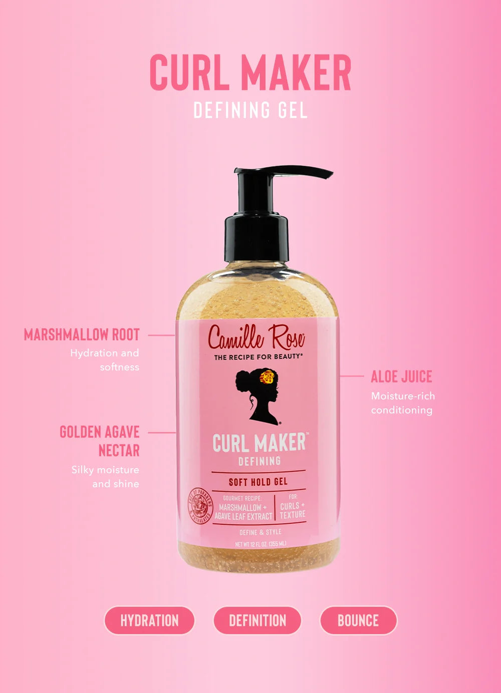 Canille Rose Curl Maker Defining Gel bottle on a pink background