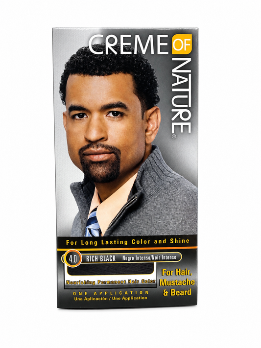 A box of Creme of Nature 4.0 Rich Black hair, mustache, and beard permanent color developer, featuring a portrait of a man with a dark beard on the front.