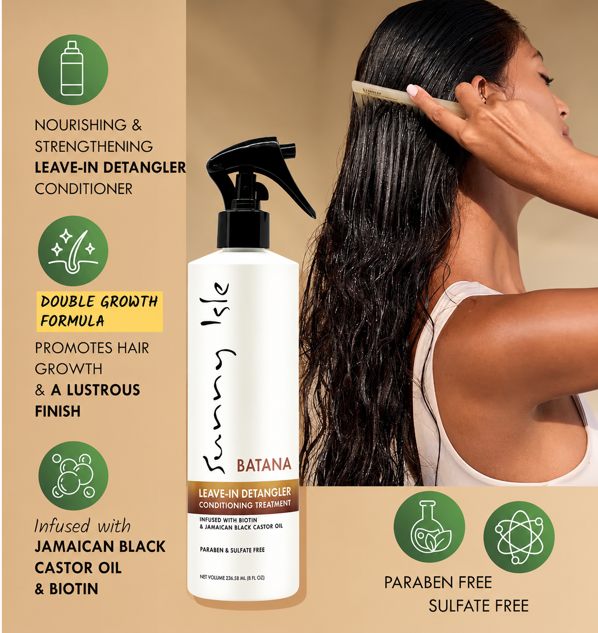 A bottle of leave-in detangler conditioner is shown beside a woman with long, shiny dark hair, with marketing text and icons on a beige background.