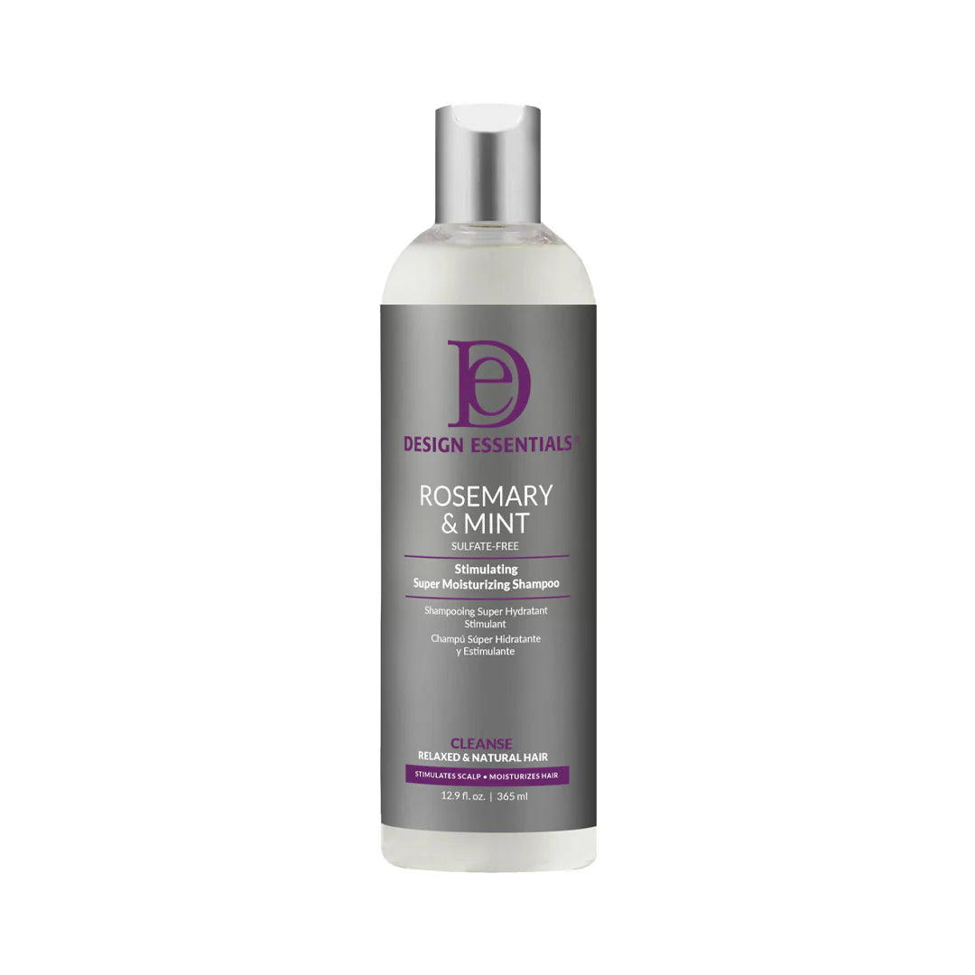 Shampoo bottle with 'Design Essentials' branding on a white background