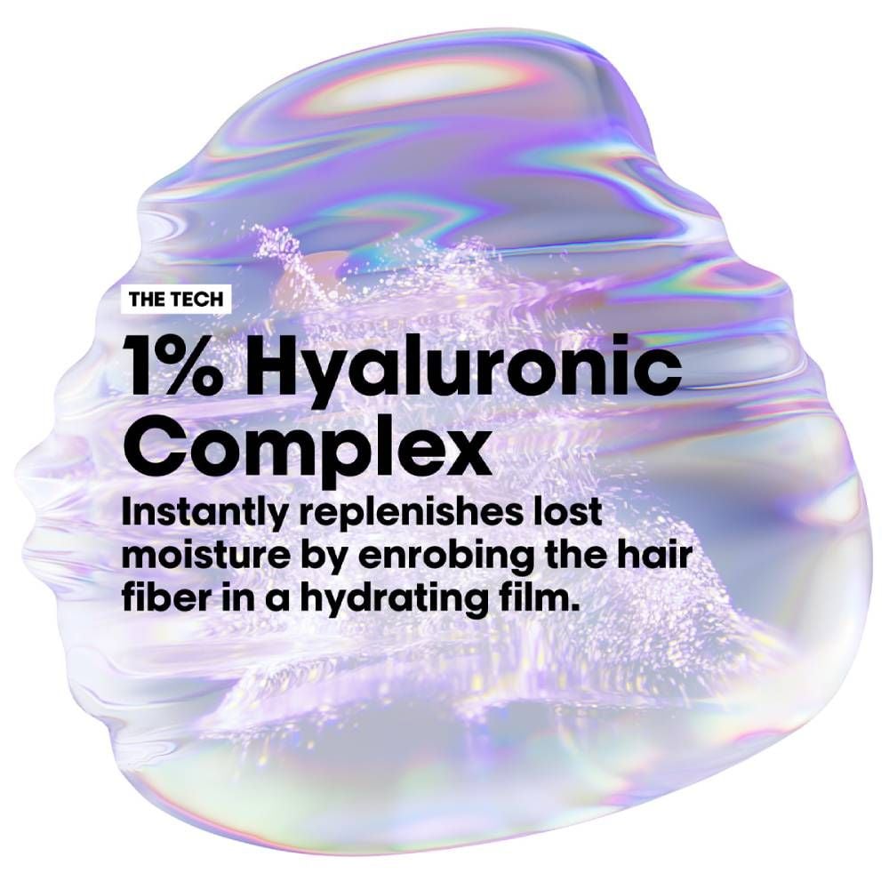 Holographic hair product with text about hyaluronic complex on a white background