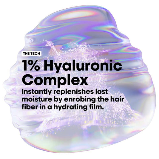 Holographic hair product with text about hyaluronic complex on a white background